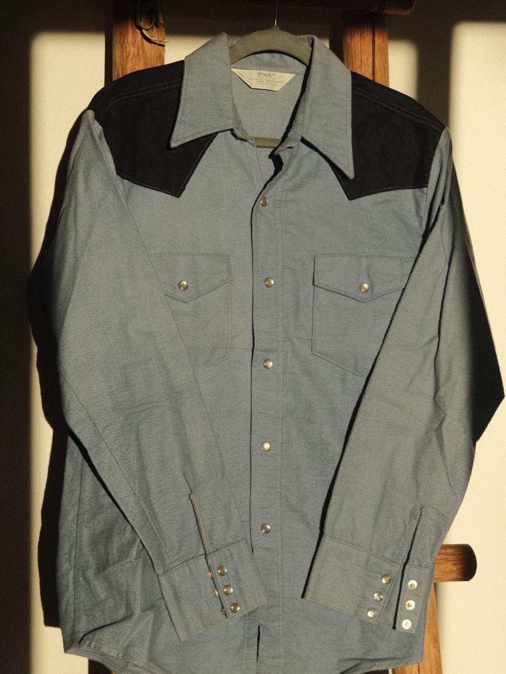 Western Snap-Front Shirt Jacket in Light Blue and Navy